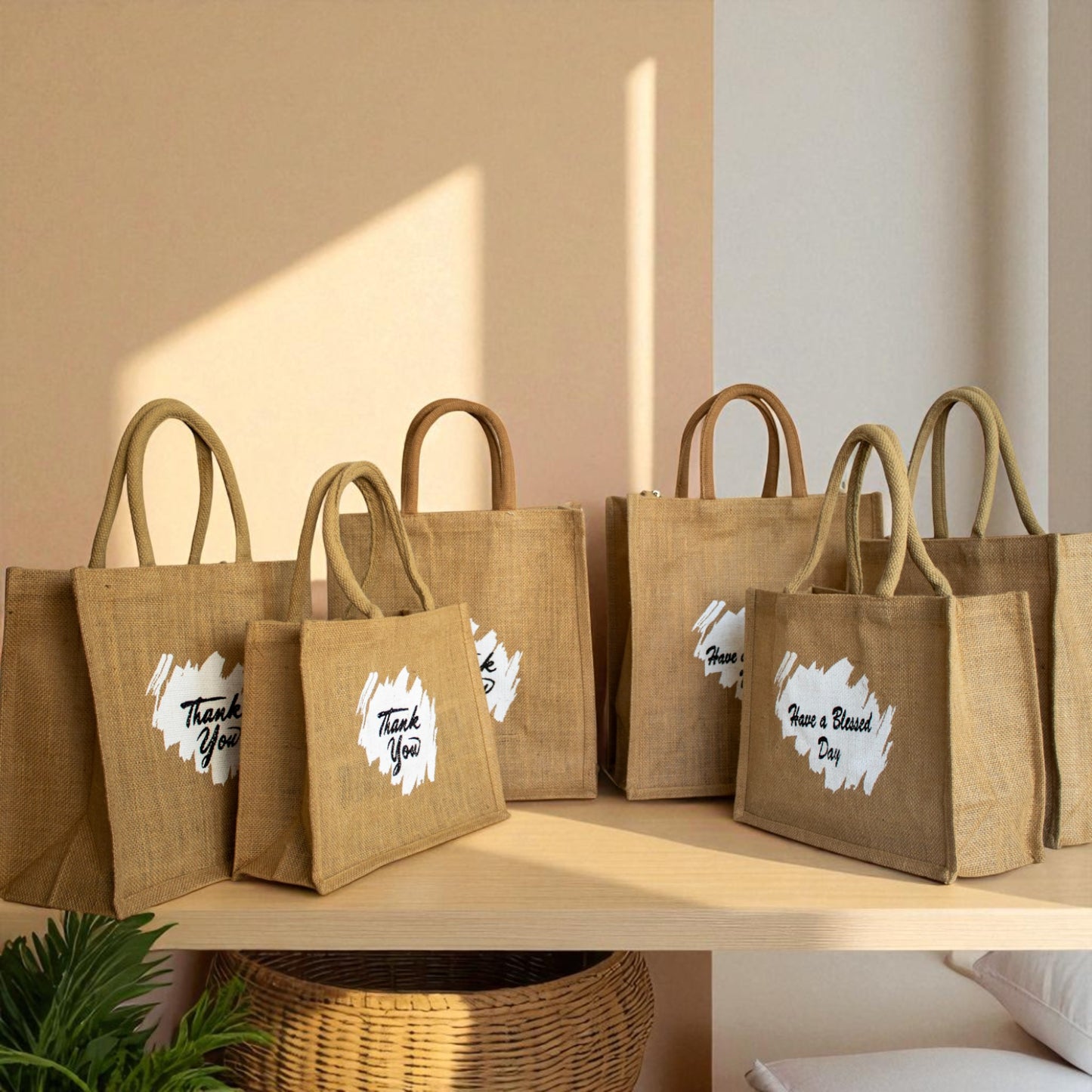 Jute Connection™ – Reusable Jute Tote Bag with Printed Messages (Thank You & Have a Blessed Day)