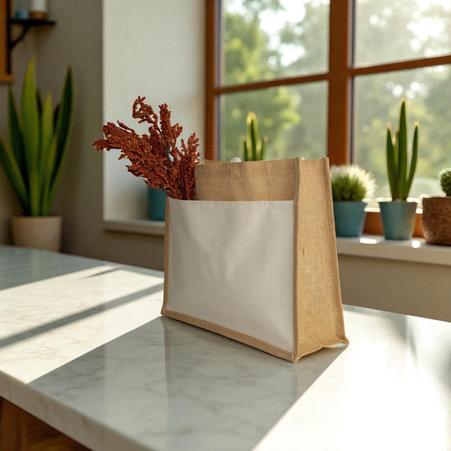 Jute Connection™ Natural Jute Bag with White Canvas Pocket