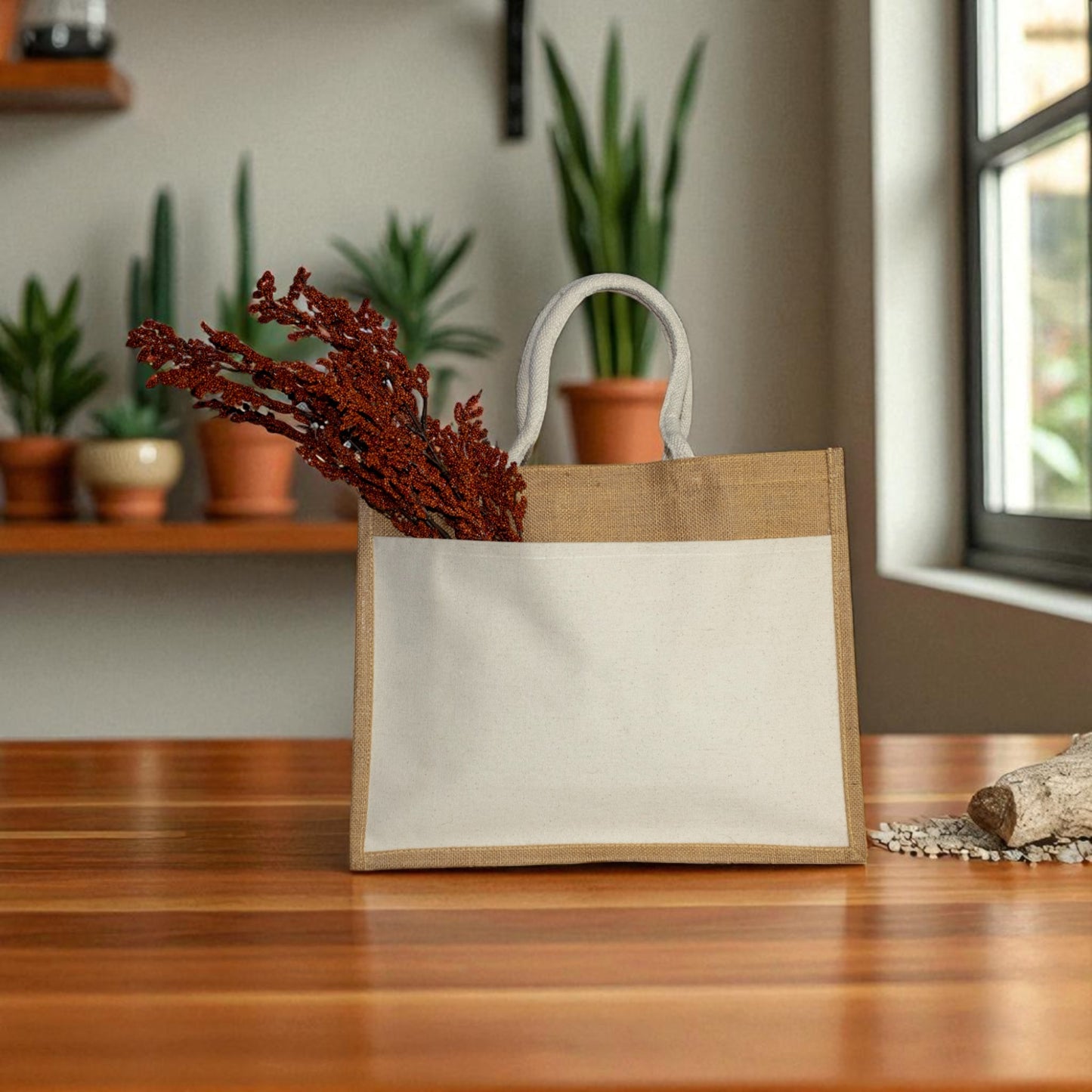 Jute Connection™ Natural Jute Bag with White Canvas Pocket