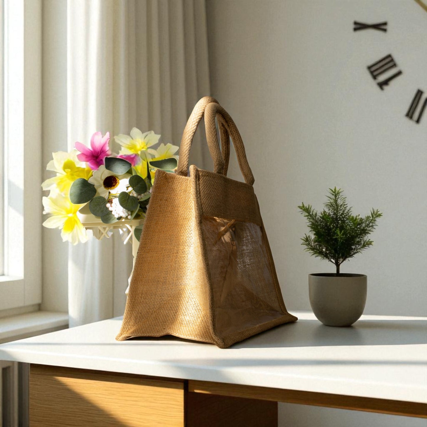 Jute Connection™ Transparent Front Jute Bag with Rope Handles (No Zip)
