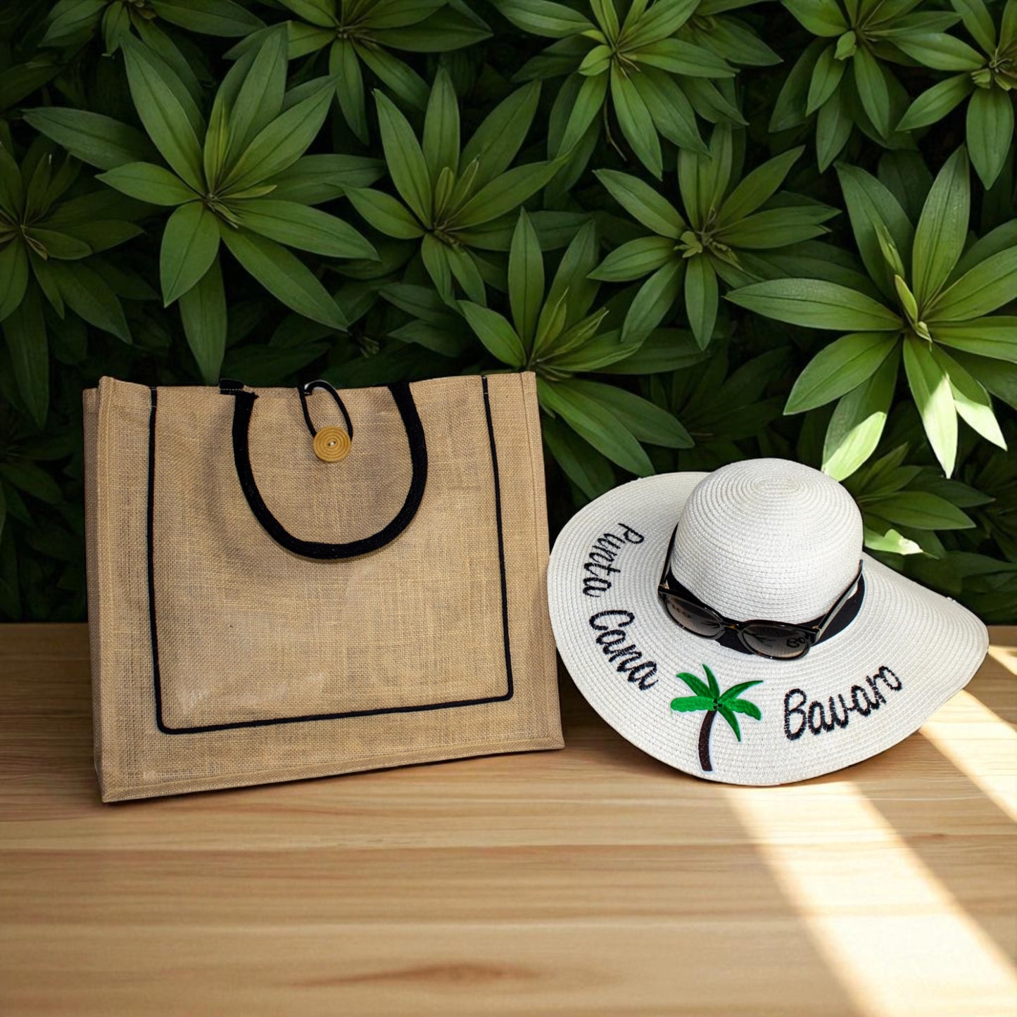 Jute Connection™ Natural Jute Tote Bag with Black Piping and Wooden Button