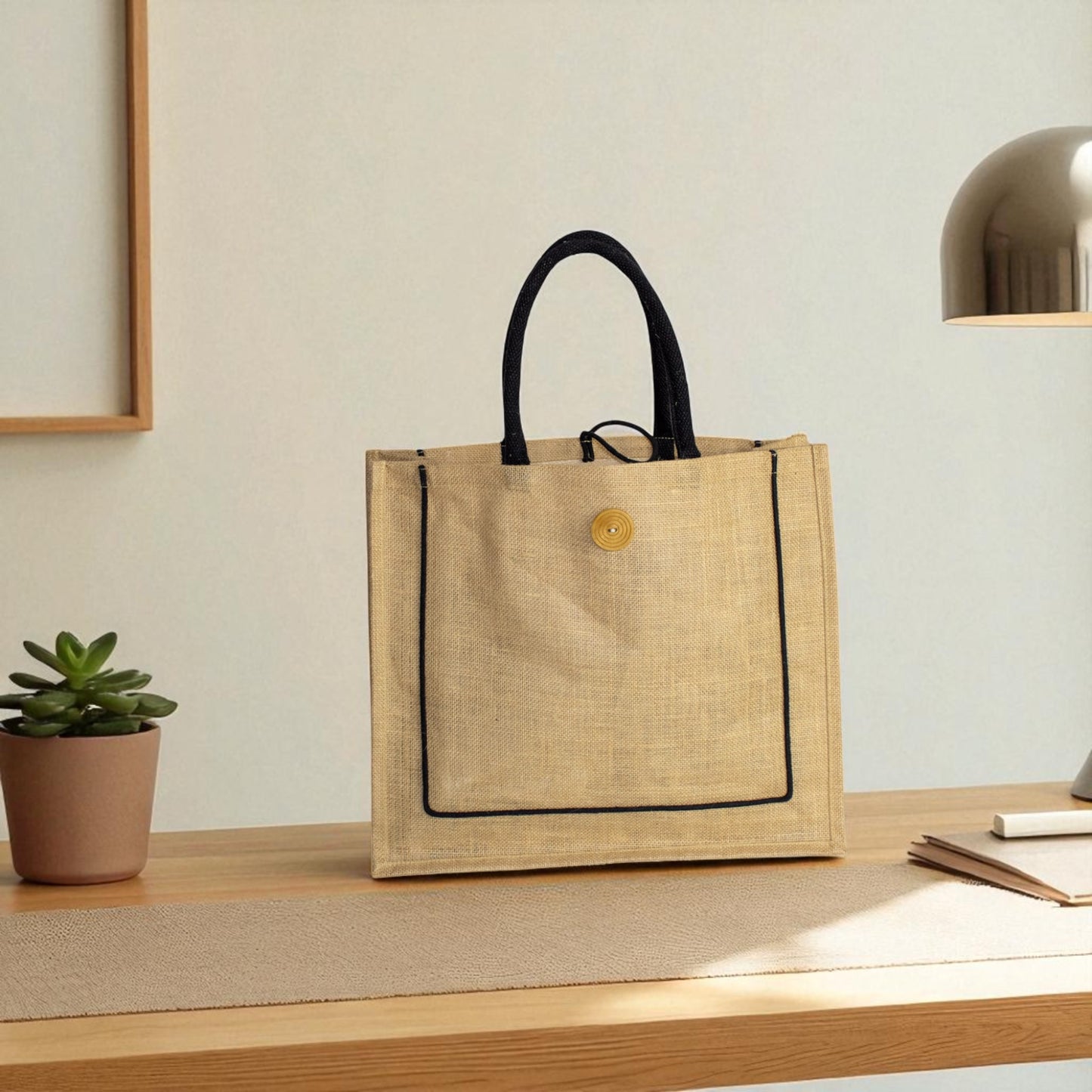 Jute Connection™ Natural Jute Tote Bag with Black Piping and Wooden Button