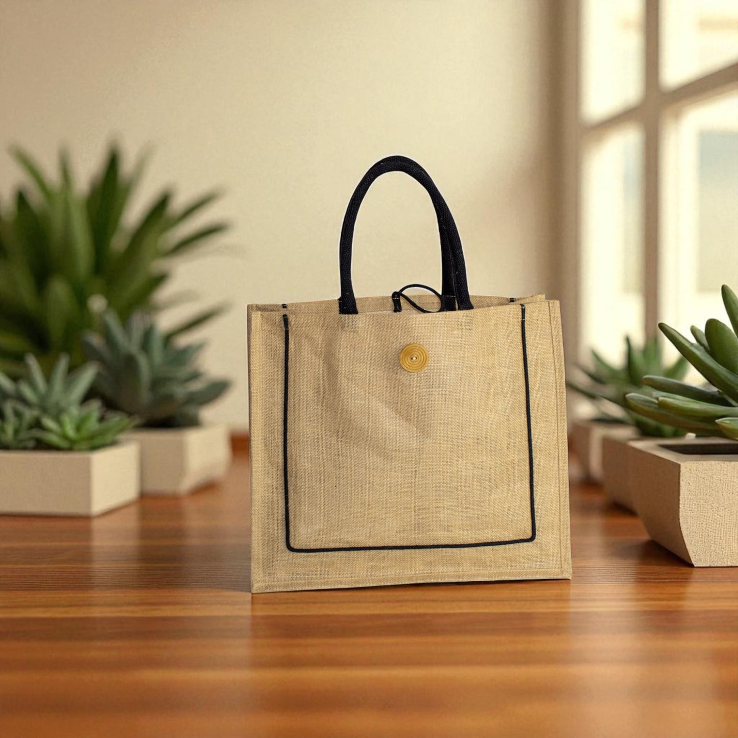 Jute Connection™ Natural Jute Tote Bag with Black Piping and Wooden Button