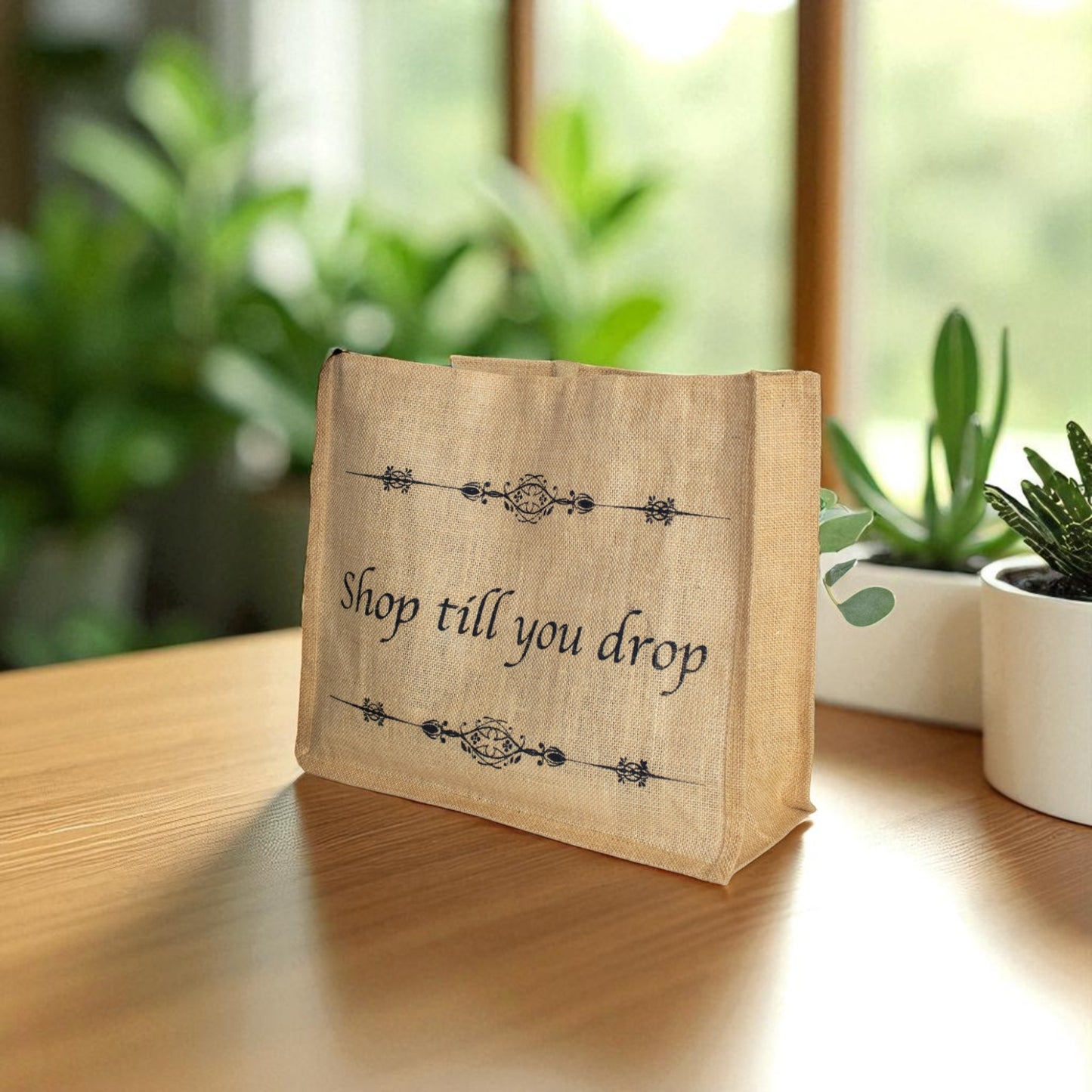 Jute Connection™ Natural Jute Bag with Zip - "Shop Till You Drop"