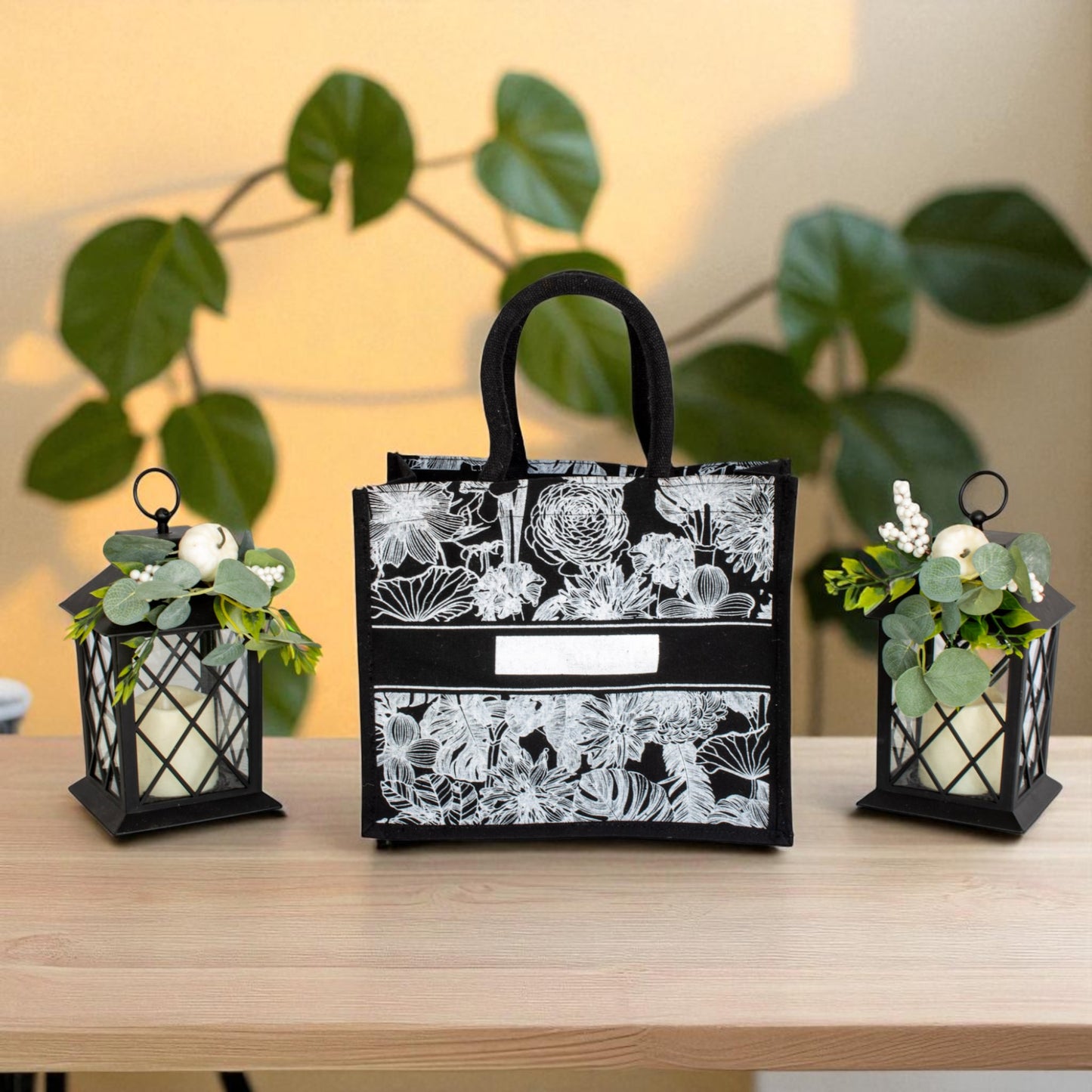 Jute Connection™ Black Floral Print Tote with Rope Handle