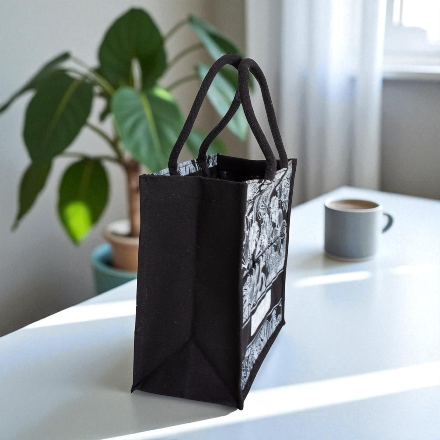 Jute Connection™ Black Floral Print Tote with Rope Handle