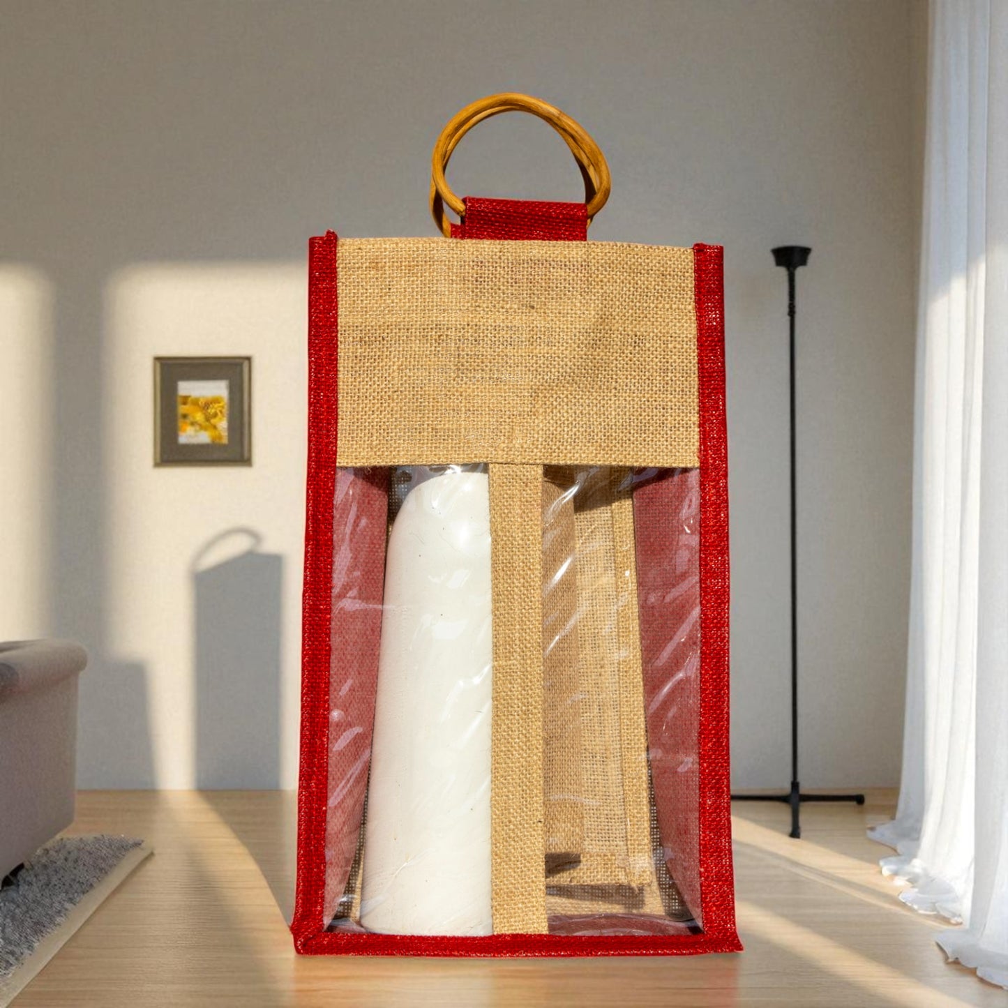 Jute Connection™ Red Trim Jute Bottle Bag with Cane Ring Handle