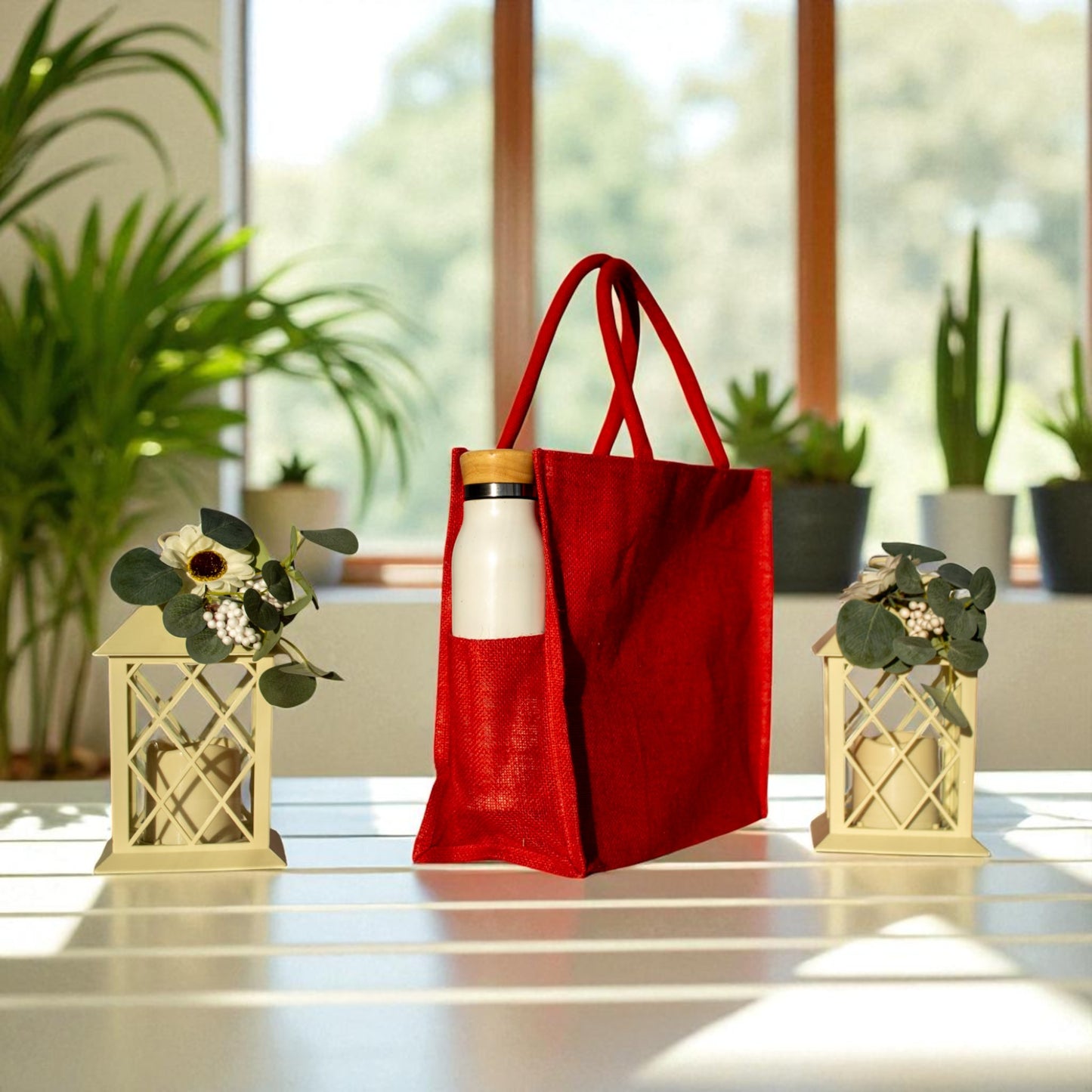 Jute Connection™ Dyed Red Jute Tote Bag with Zipper and Bottle Holders