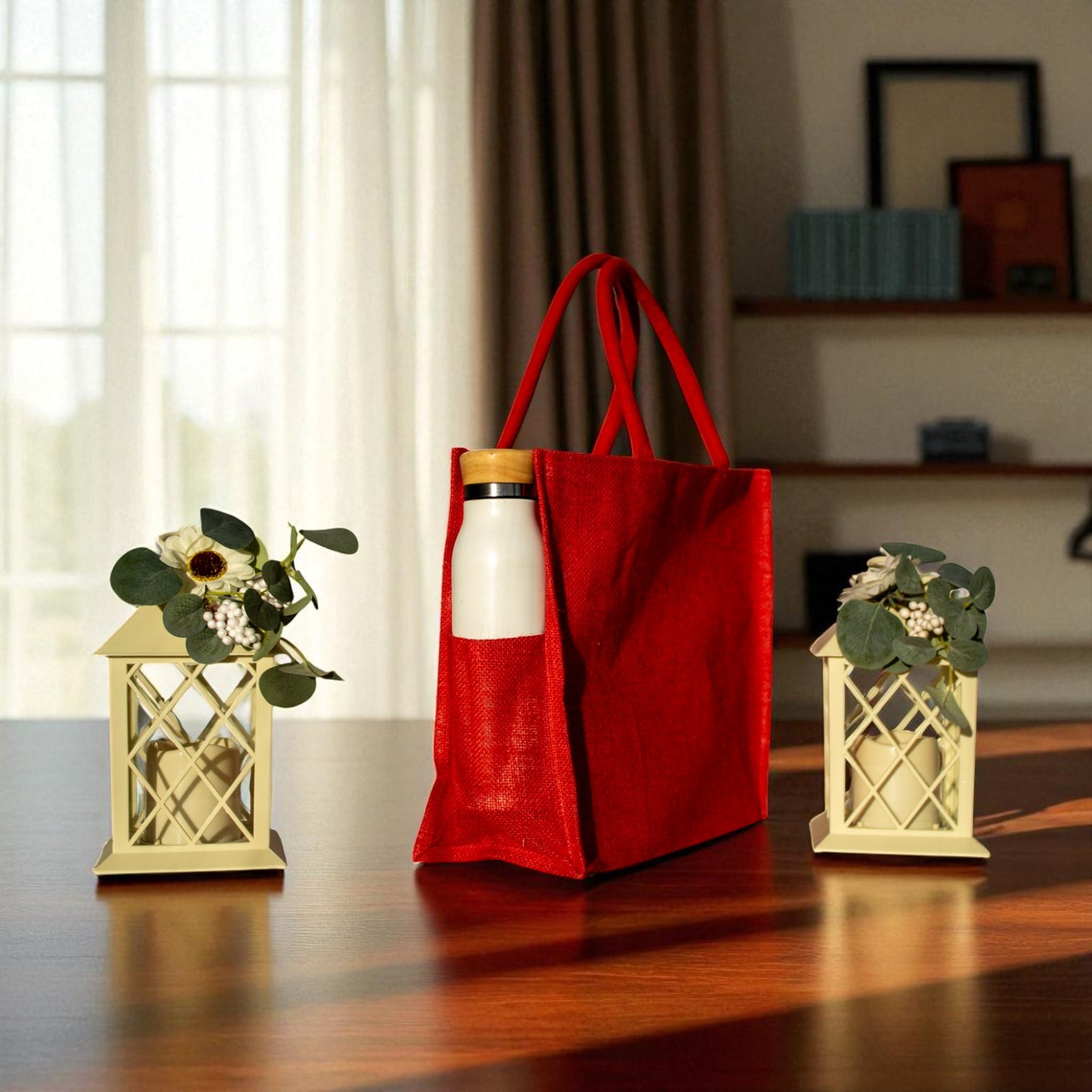 Jute Connection™ Dyed Red Jute Tote Bag with Zipper and Bottle Holders