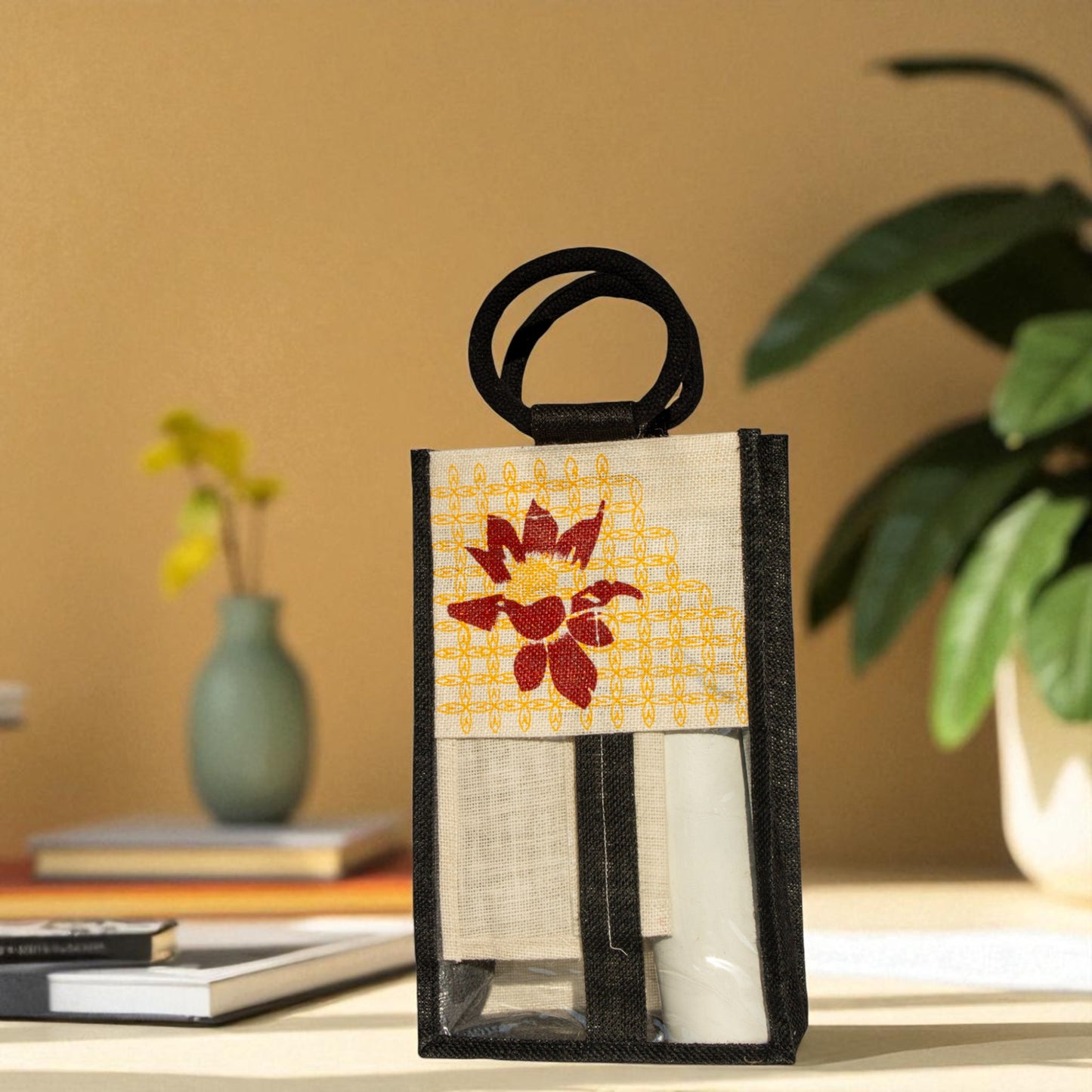 Jute Connection™ Bottle Bag with Floral Print and Cane Ring Handle – Dyed Black