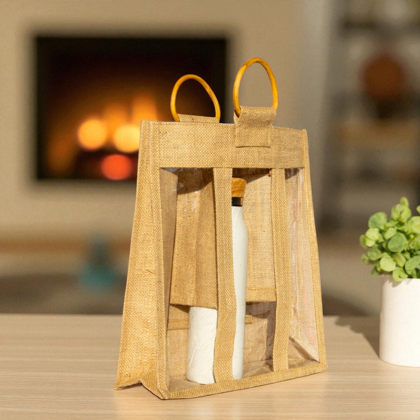 Jute Connection™ 3-Compartment Natural Jute Bottle Bag with Cane Handle