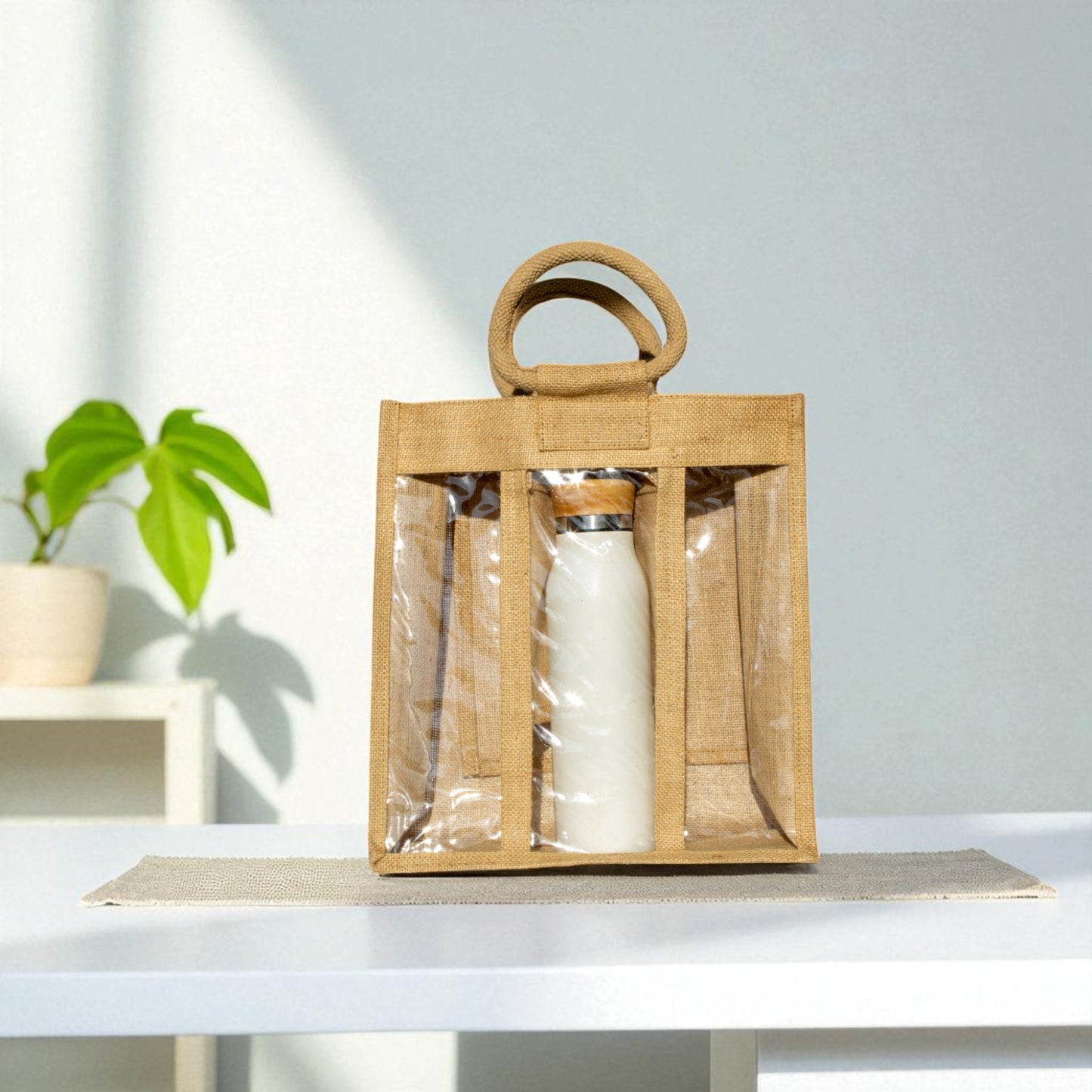 Jute Connection™ 3-Compartment Natural Jute Bottle Bag with Cane Handle