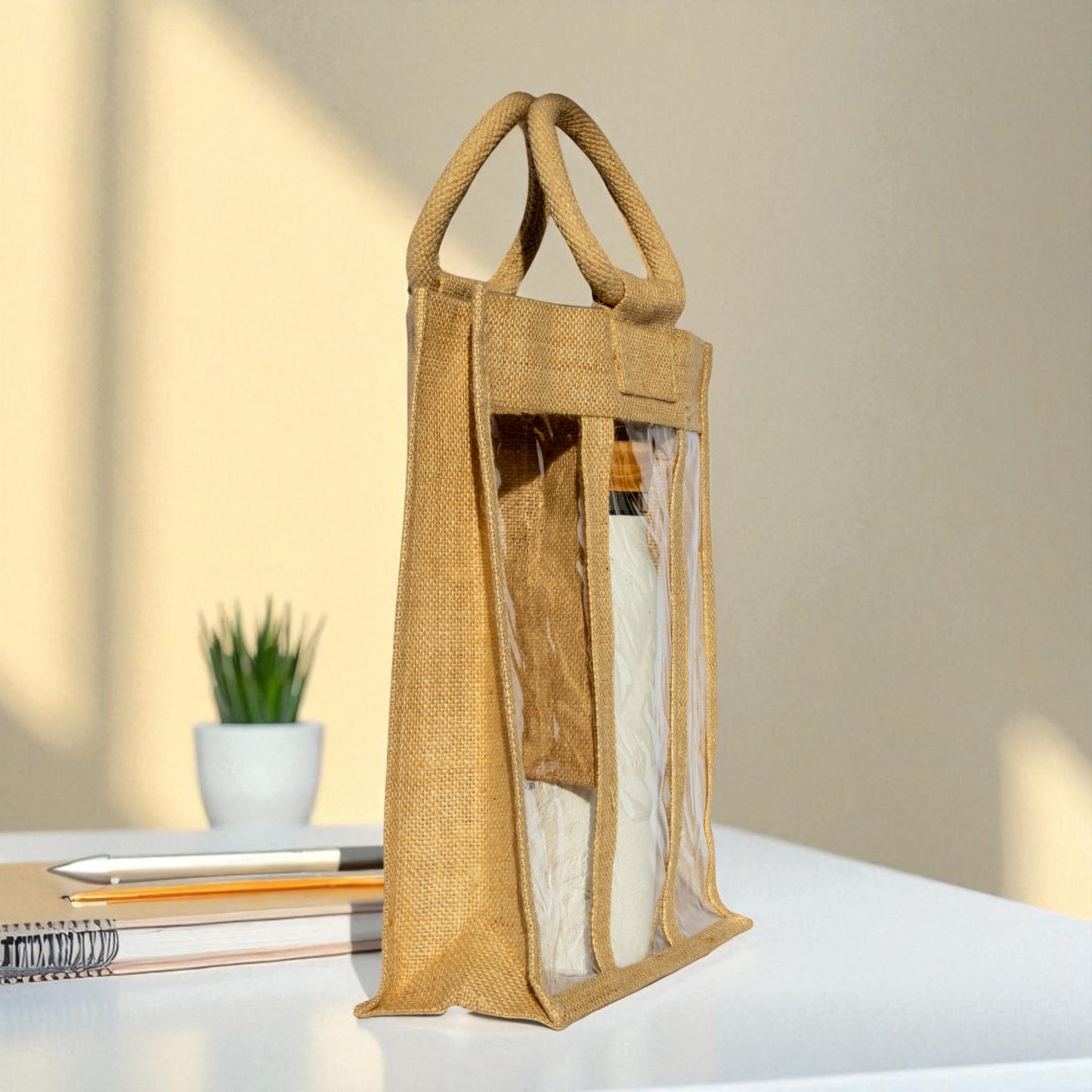 Jute Connection™ 3-Compartment Natural Jute Bottle Bag with Cane Handle