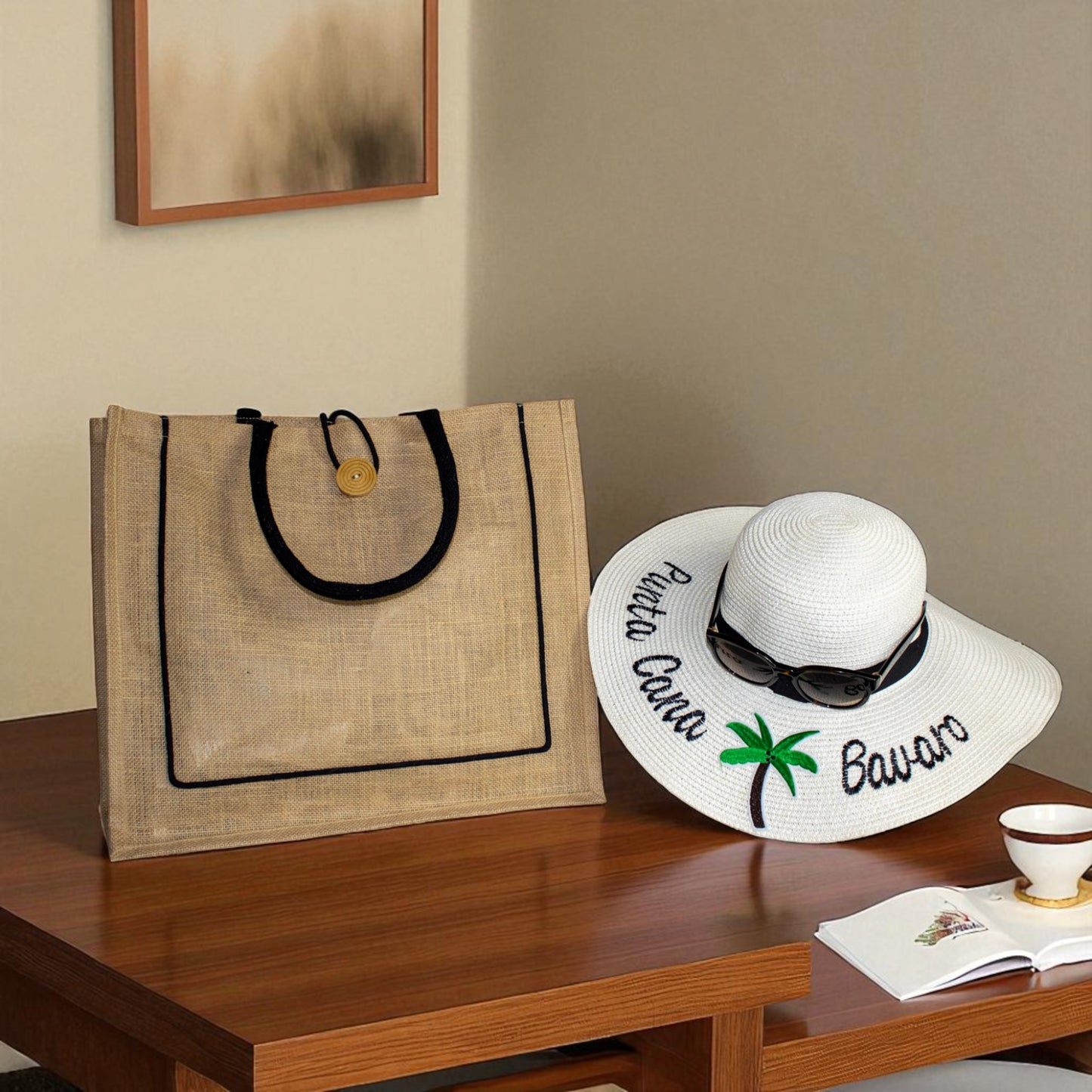 Jute Connection™ Natural Jute Tote Bag with Black Piping and Wooden Button