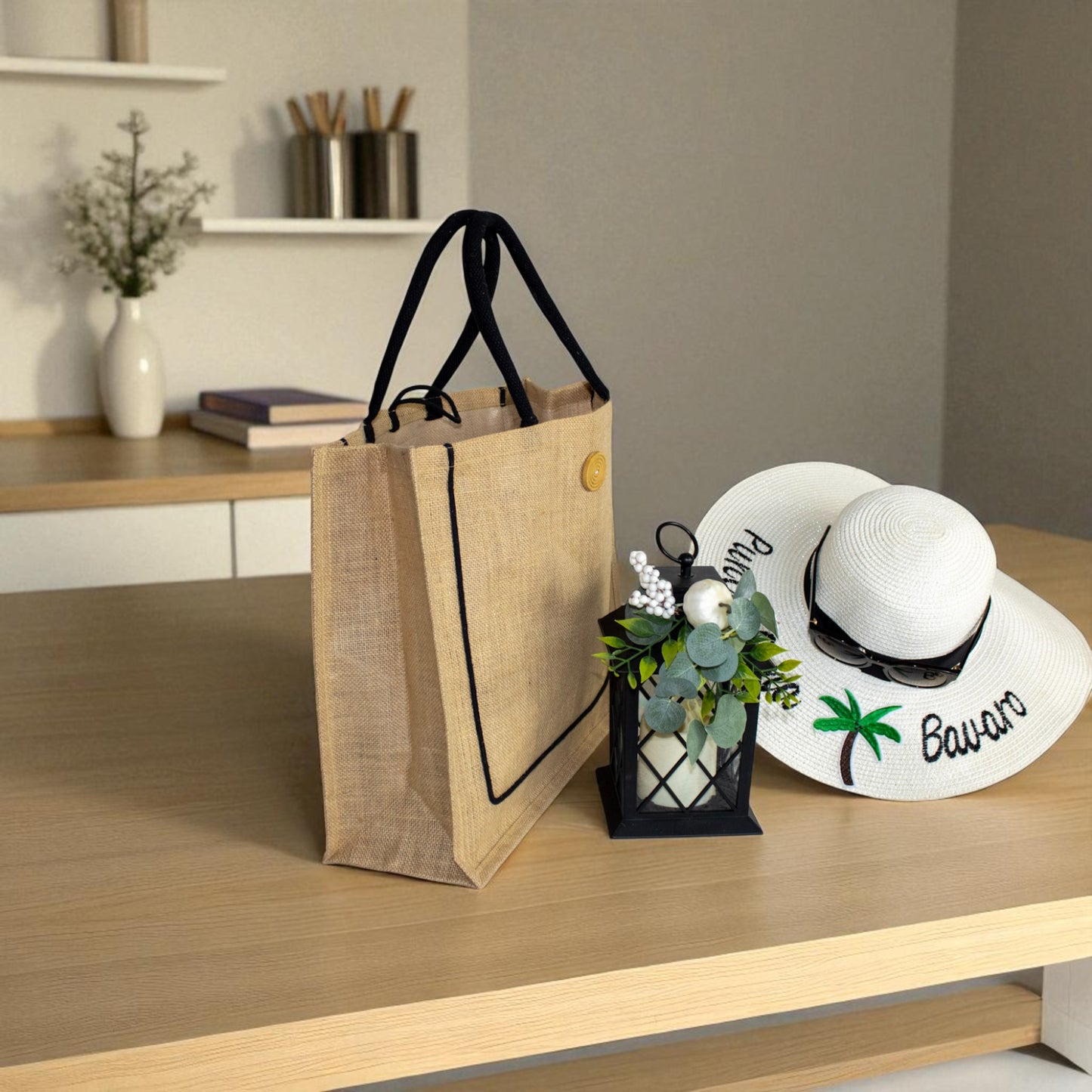 Jute Connection™ Natural Jute Tote Bag with Black Piping and Wooden Button