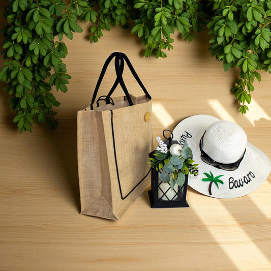 Jute Connection™ Natural Jute Tote Bag with Black Piping and Wooden Button