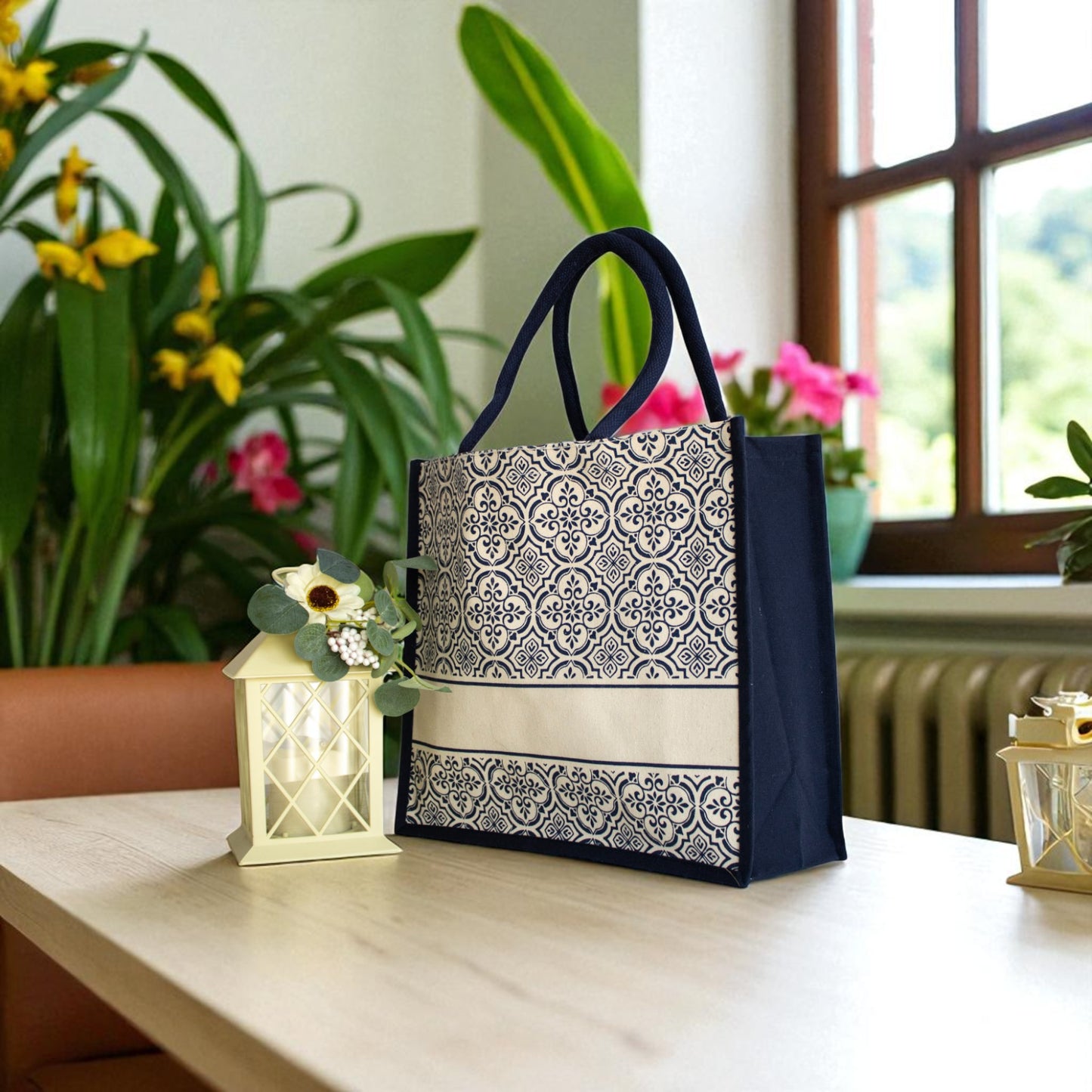 Jute Connection™ Black Print Large Jute Tote Bag with Rope Handle
