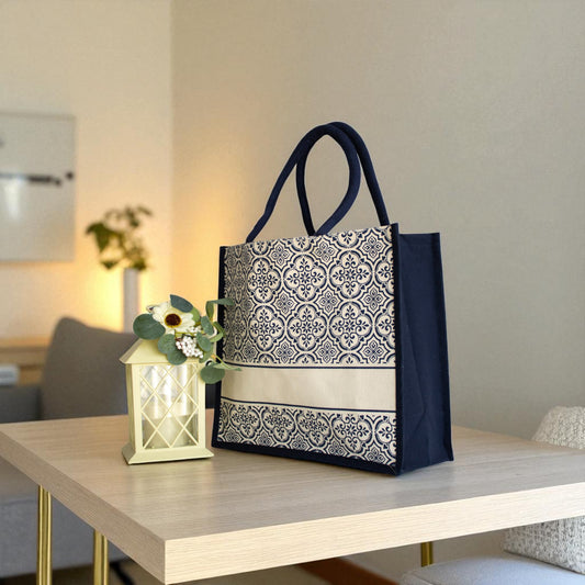 Jute Connection™ Black Print Large Jute Tote Bag with Rope Handle