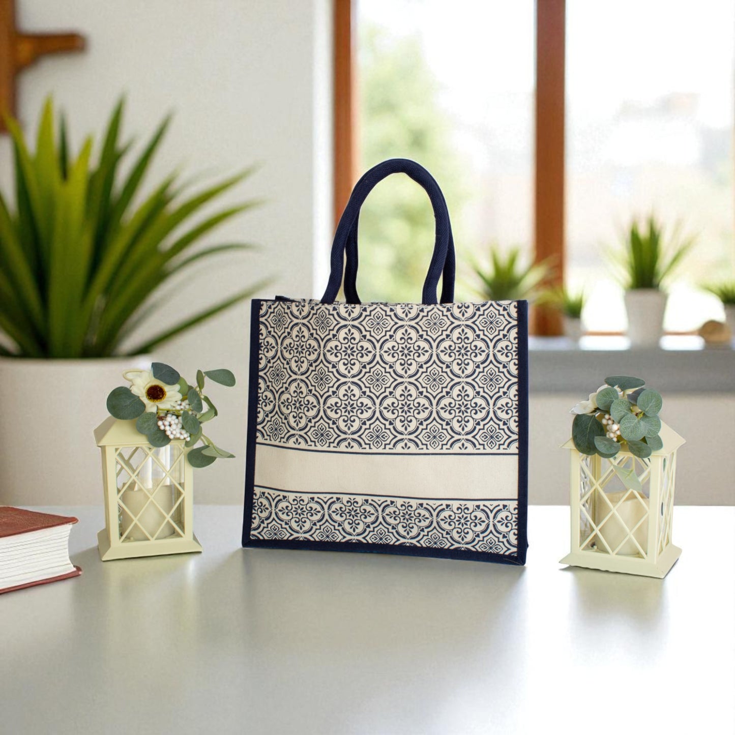 Jute Connection™ Black Print Large Jute Tote Bag with Rope Handle