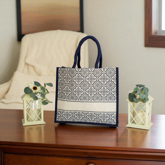 Jute Connection™ Black Print Large Jute Tote Bag with Rope Handle