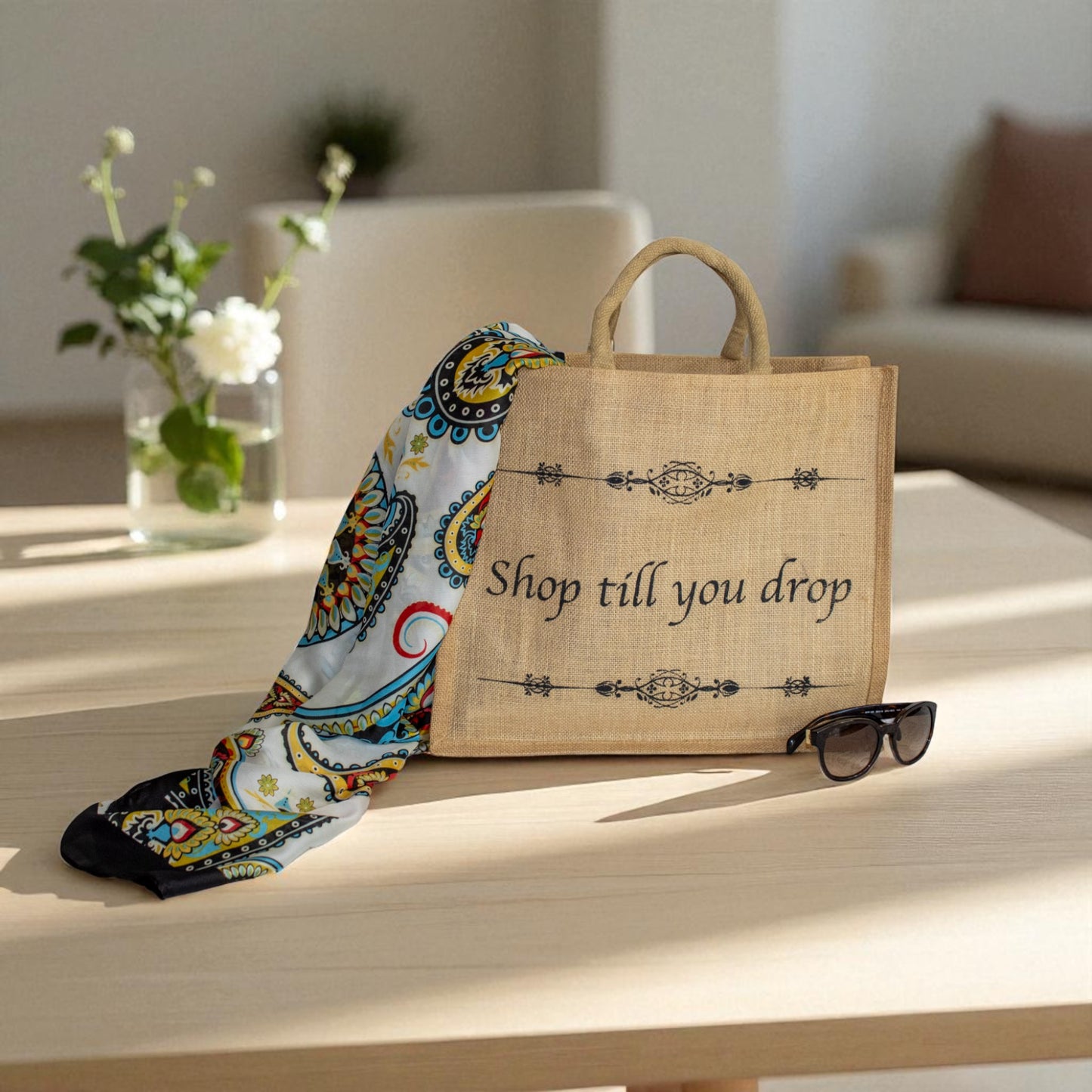 Jute Connection™ Natural Jute Bag with Zip - "Shop Till You Drop"