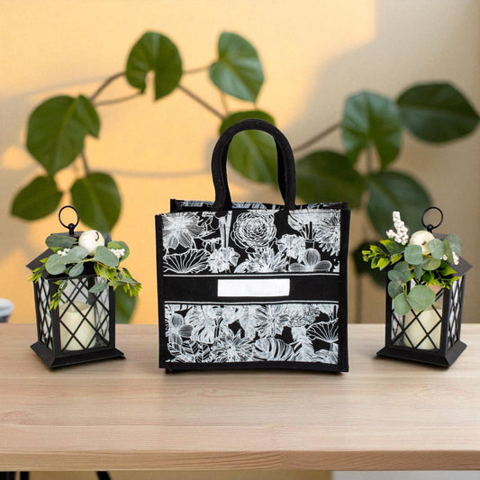 Jute Connection™ Black Floral Print Tote with Rope Handle