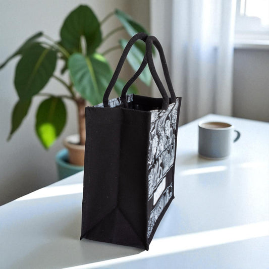 Jute Connection™ Black Floral Print Tote with Rope Handle