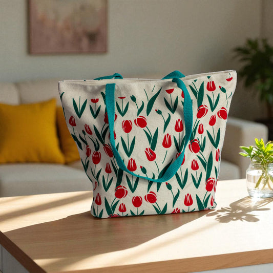 Jute Connection™ Canvas Floral Tote Bag with Green Handles