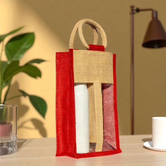 Jute Connection™ Red Trim Jute Bottle Bag with Cane Ring Handle