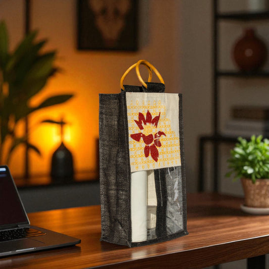 Jute Connection™ Bottle Bag with Floral Print and Cane Ring Handle – Dyed Black