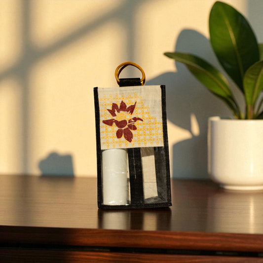 Jute Connection™ Bottle Bag with Floral Print and Cane Ring Handle – Dyed Black