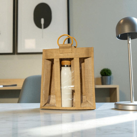 Jute Connection™ 3-Compartment Natural Jute Bottle Bag with Cane Handle