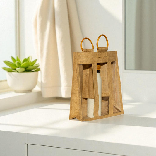 Jute Connection™ 3-Compartment Natural Jute Bottle Bag with Cane Handle