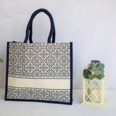 Ornate Navy Jute Tote Bag