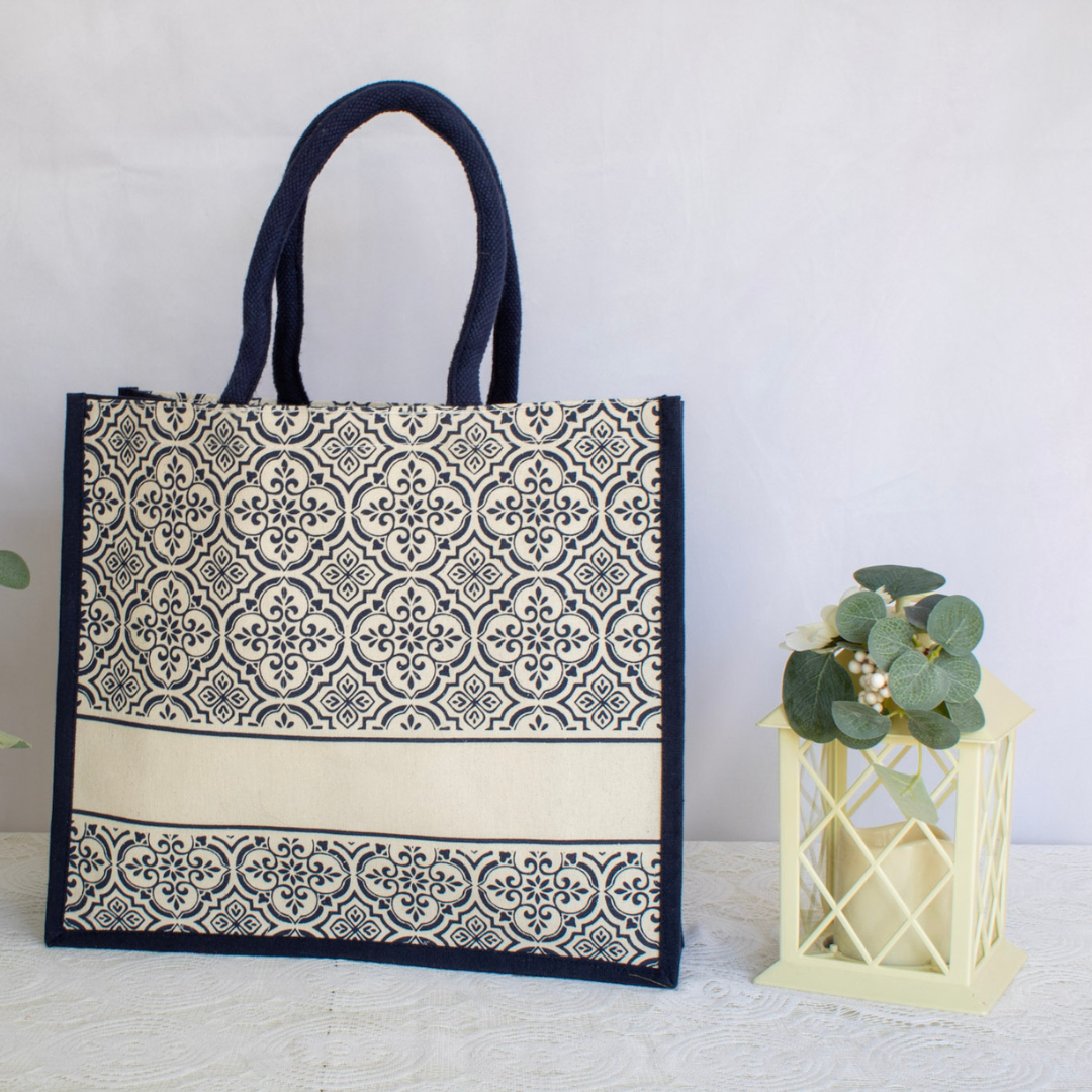 Ornate Navy Jute Tote Bag