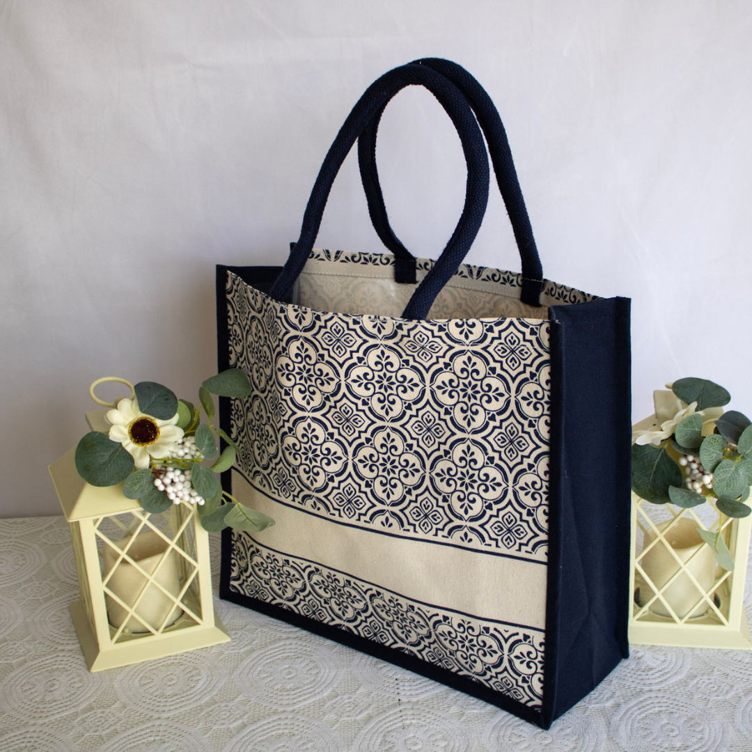 Ornate Navy Jute Tote Bag - Image 2