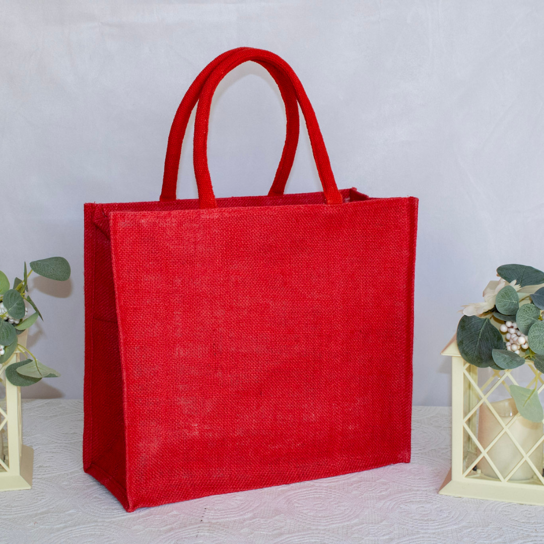 Vibrant Red Jute Tote with Bottle Pocket - Image 2
