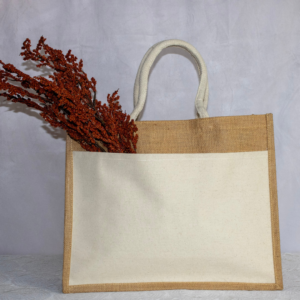Natural Jute Tote with Canvas Utility Pocket